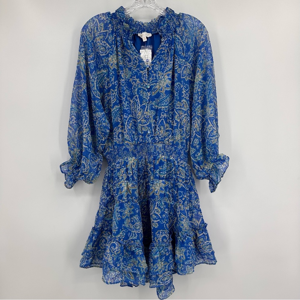 Karlie Paisley Smock Waist Dress Long Sleeve Blue Size M